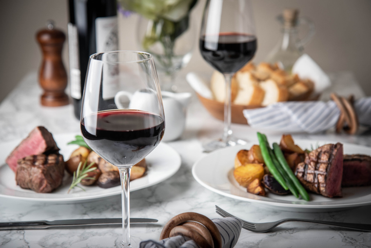 Close up Image of Fancy Steak Dinner with Wine